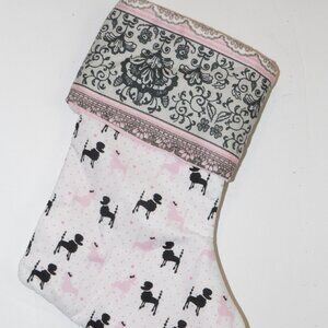 Black Poodle on Pink 14" Hand Crafted Christmas Stocking Pink Cord to Hang